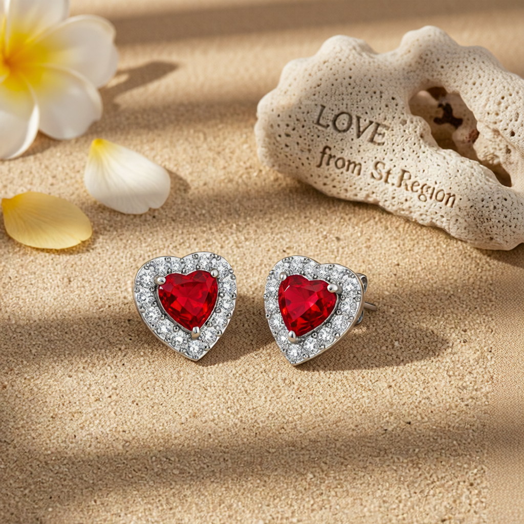 Red Crystal & Cubic Zirconia Silver-Plated Halo Heart Stud Earrings