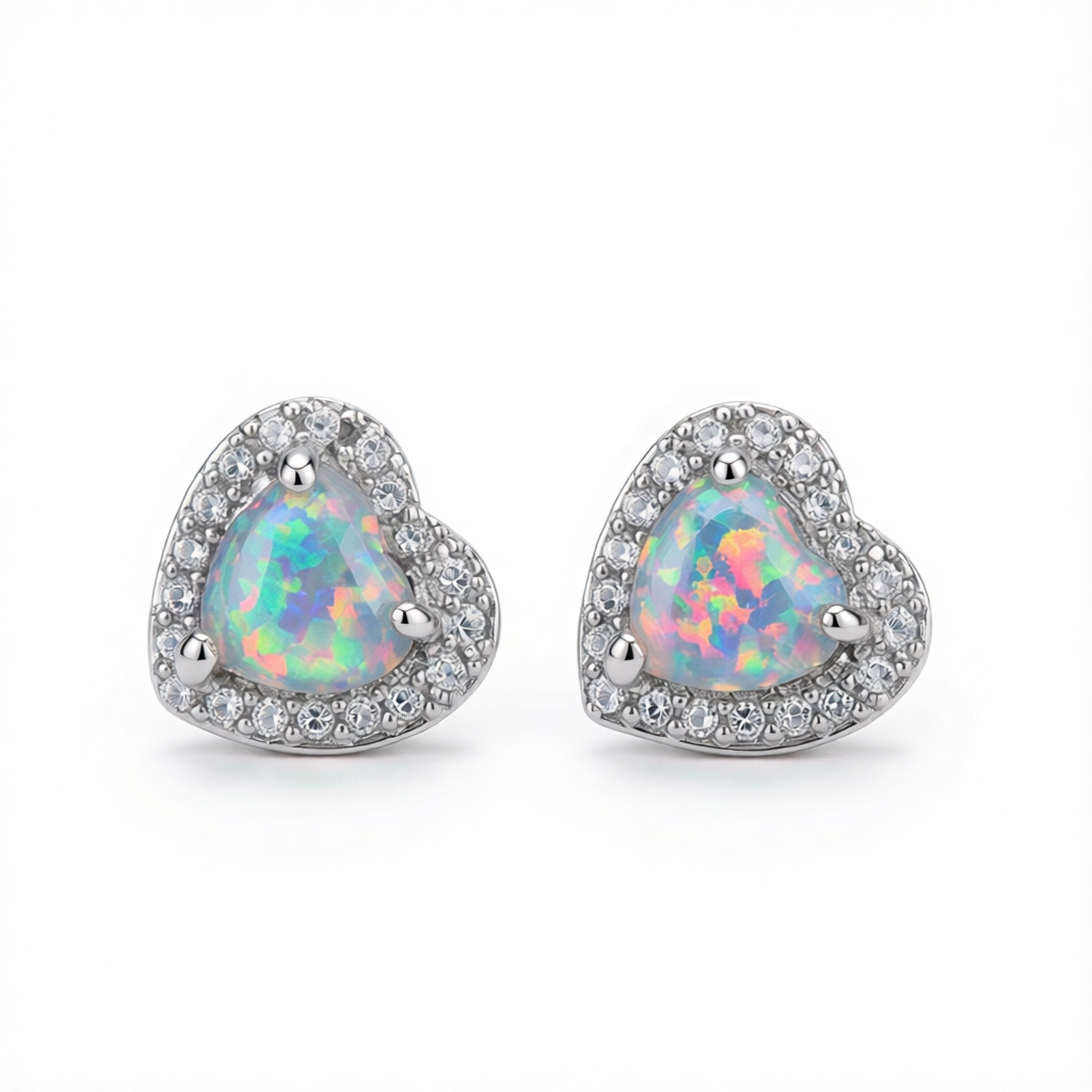 Cubic Zirconia & Opal Silver-Plated Halo Heart Stud Earrings