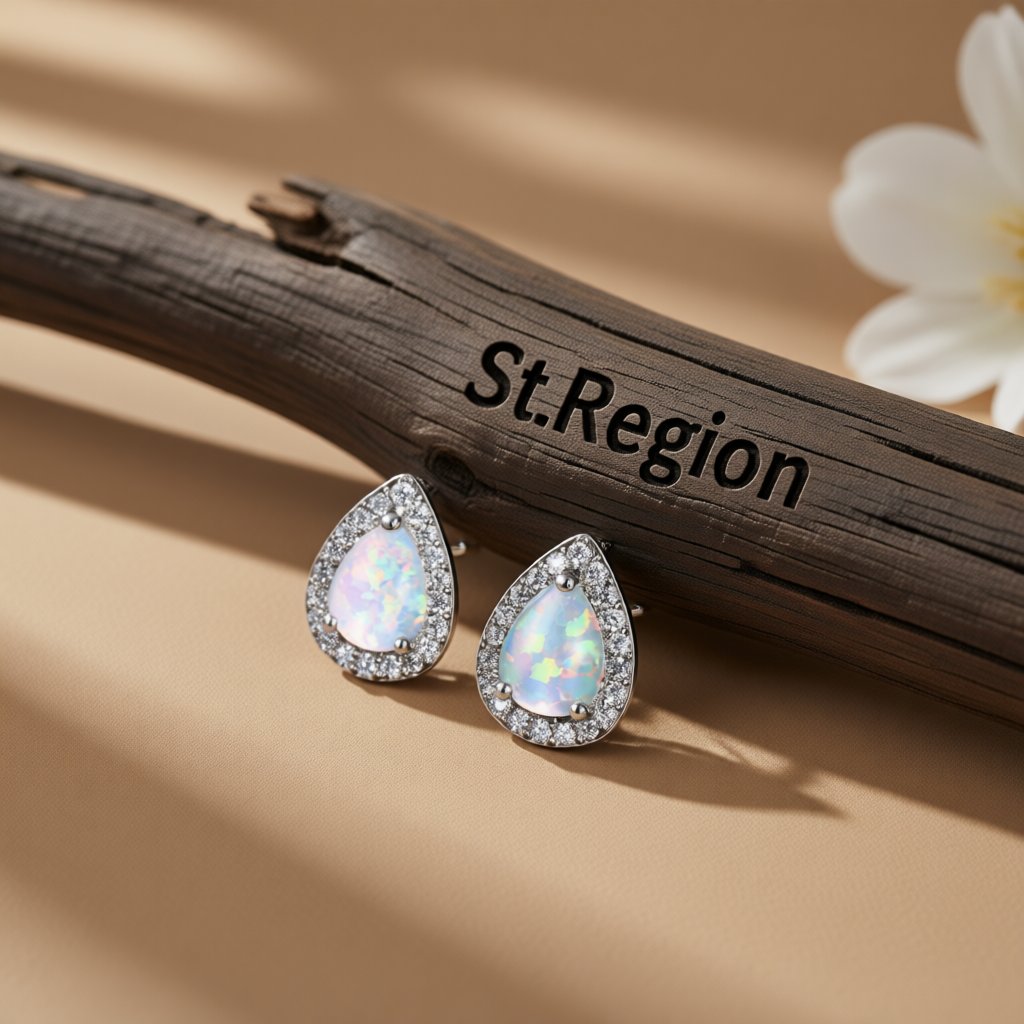 White Opal and Cubic Zirconia Teardrop Cushion Stud Earrings, cubic zirconia stud earrings for women, front view