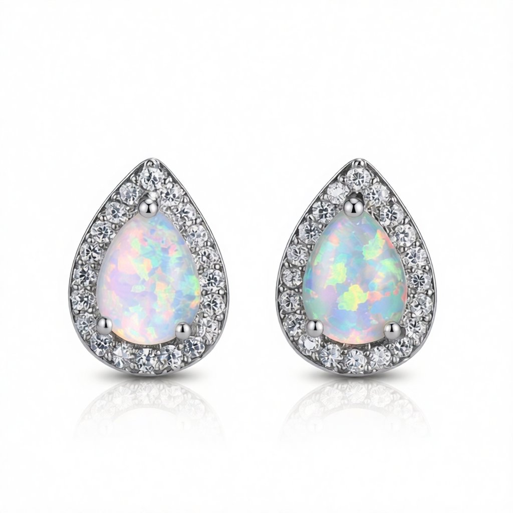 White Opal and Cubic Zirconia Teardrop Cushion Stud Earrings, cubic zirconia stud earrings for women, side view