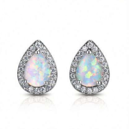 White Opal and Cubic Zirconia Teardrop Cushion Stud Earrings, cubic zirconia stud earrings for women, side view