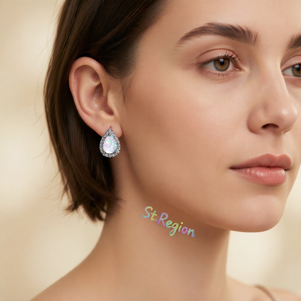 White Opal and Cubic Zirconia Teardrop Cushion Stud Earrings, cubic zirconia stud earrings for women, styled look