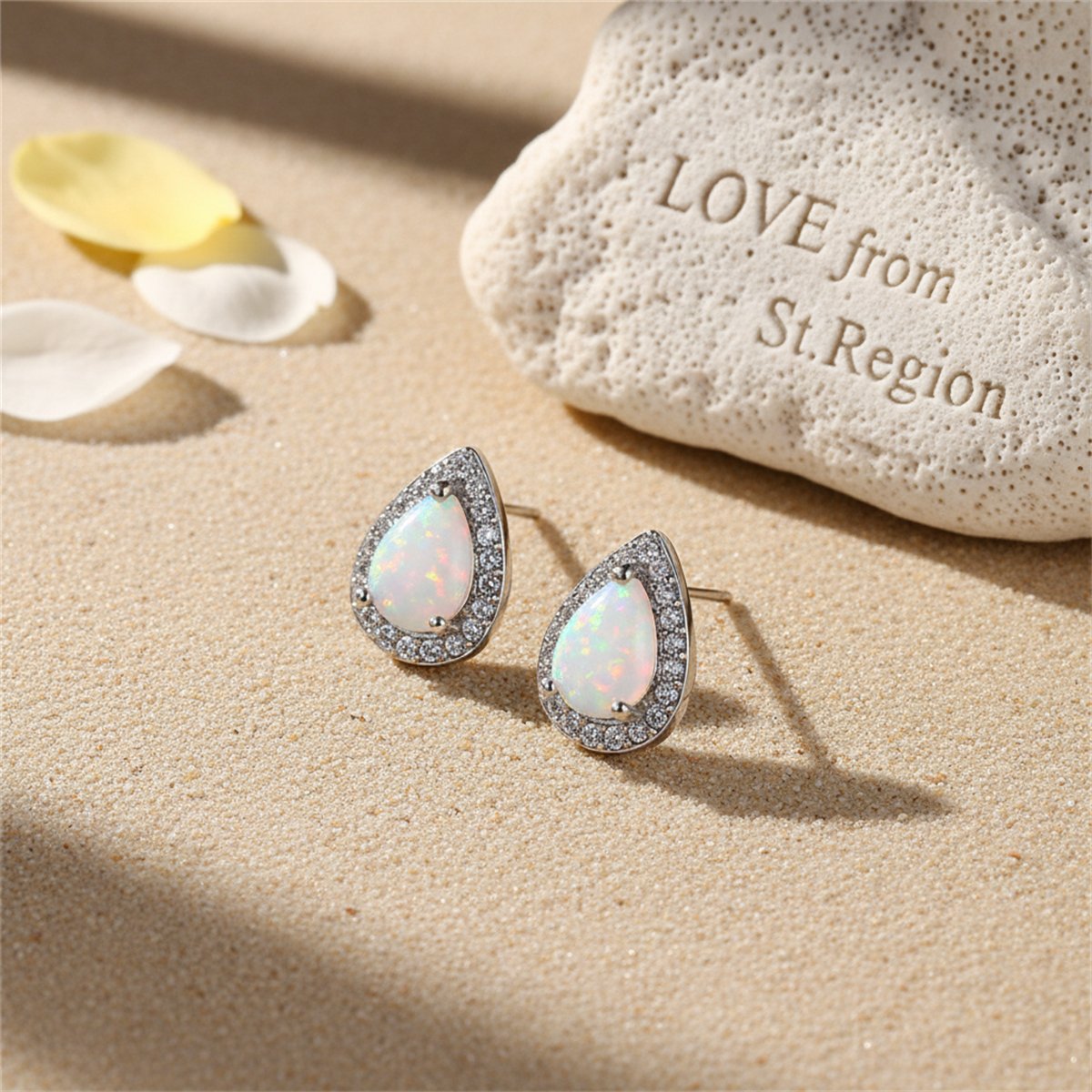 White Opal and Cubic Zirconia Teardrop Cushion Stud Earrings, cubic zirconia stud earrings for women, lifestyle look