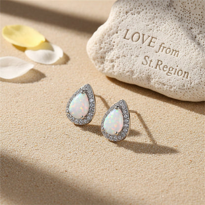 White Opal and Cubic Zirconia Teardrop Cushion Stud Earrings, cubic zirconia stud earrings for women, lifestyle look