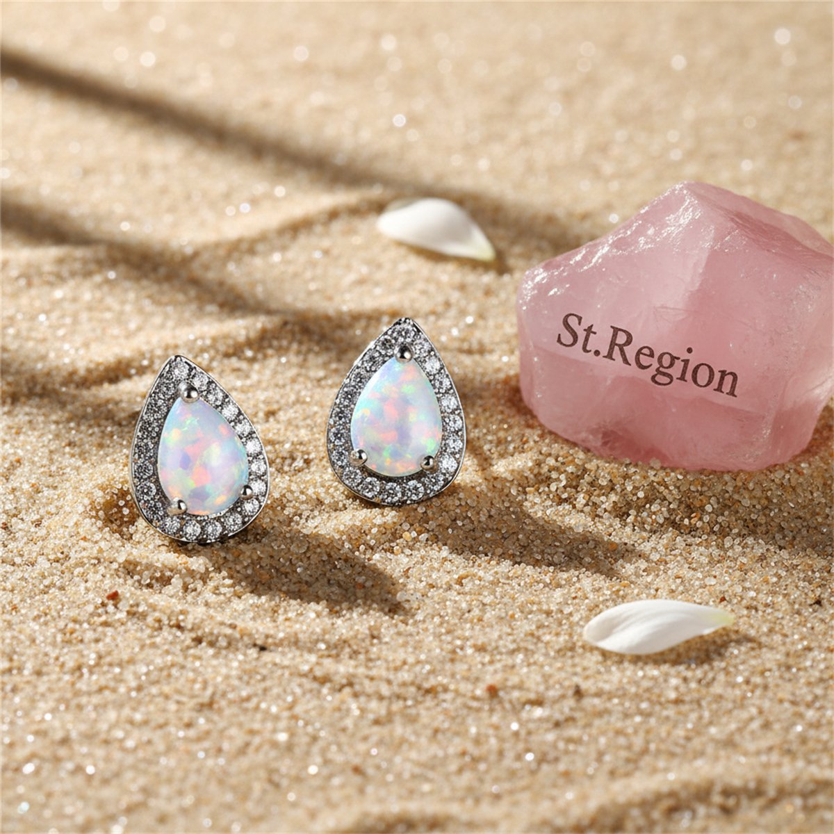 White Opal and Cubic Zirconia Teardrop Cushion Stud Earrings, cubic zirconia stud earrings for women, detail close-up