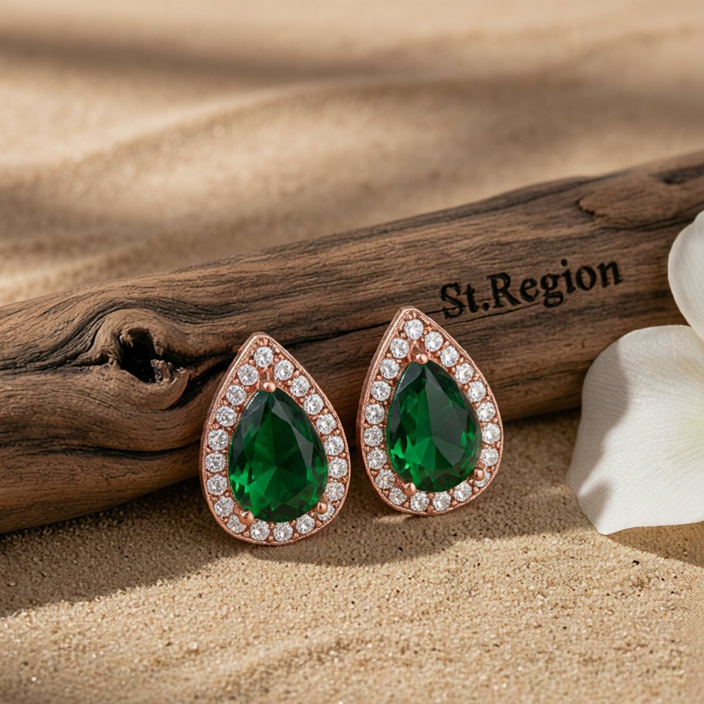Green Crystal & Cubic Zirconia 18K Rose Gold-Plated Halo Teardrop Stud Earrings