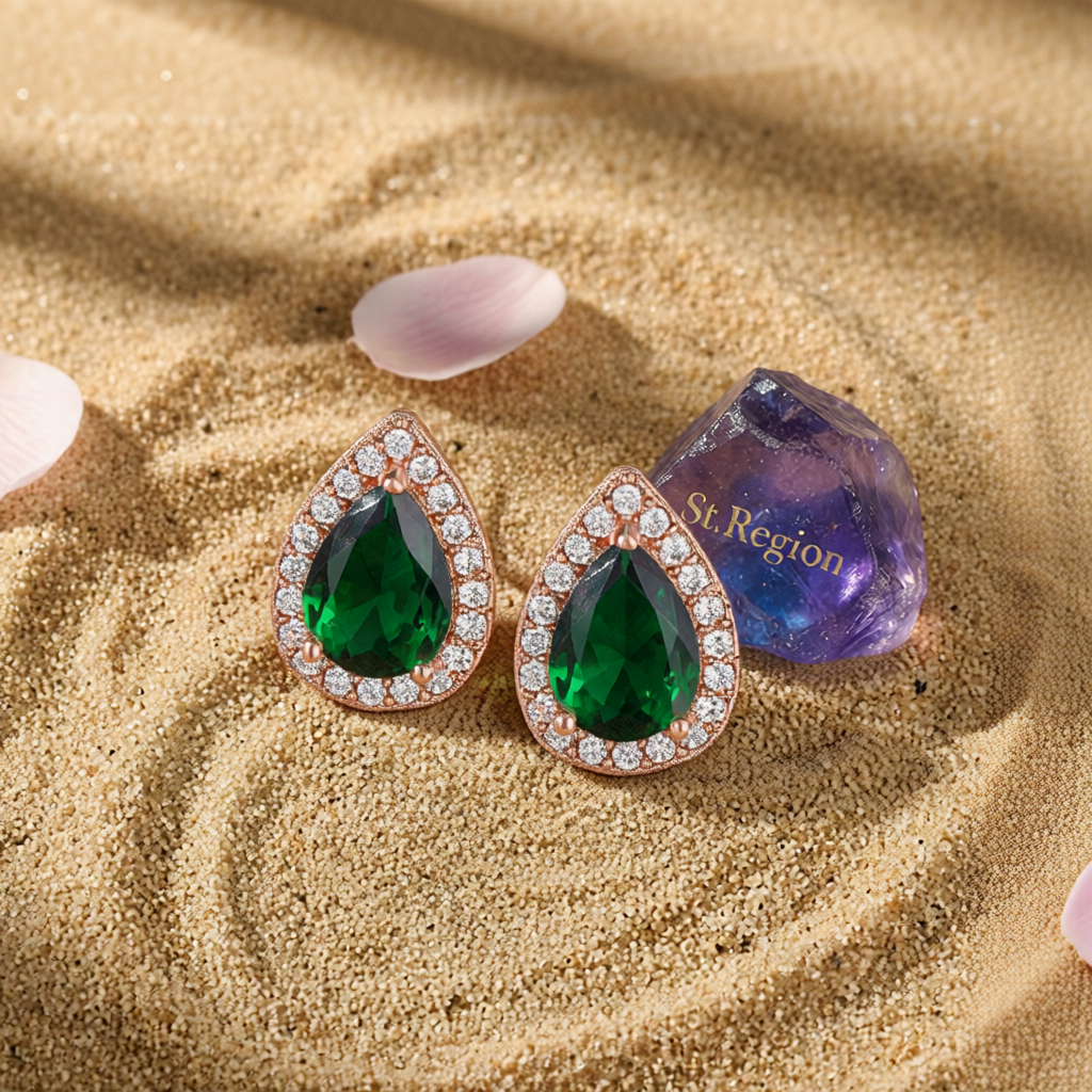 Green Crystal & Cubic Zirconia 18K Rose Gold-Plated Halo Teardrop Stud Earrings