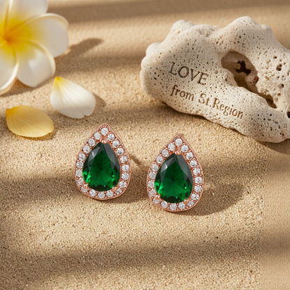 Green Crystal & Cubic Zirconia 18K Rose Gold-Plated Halo Teardrop Stud Earrings