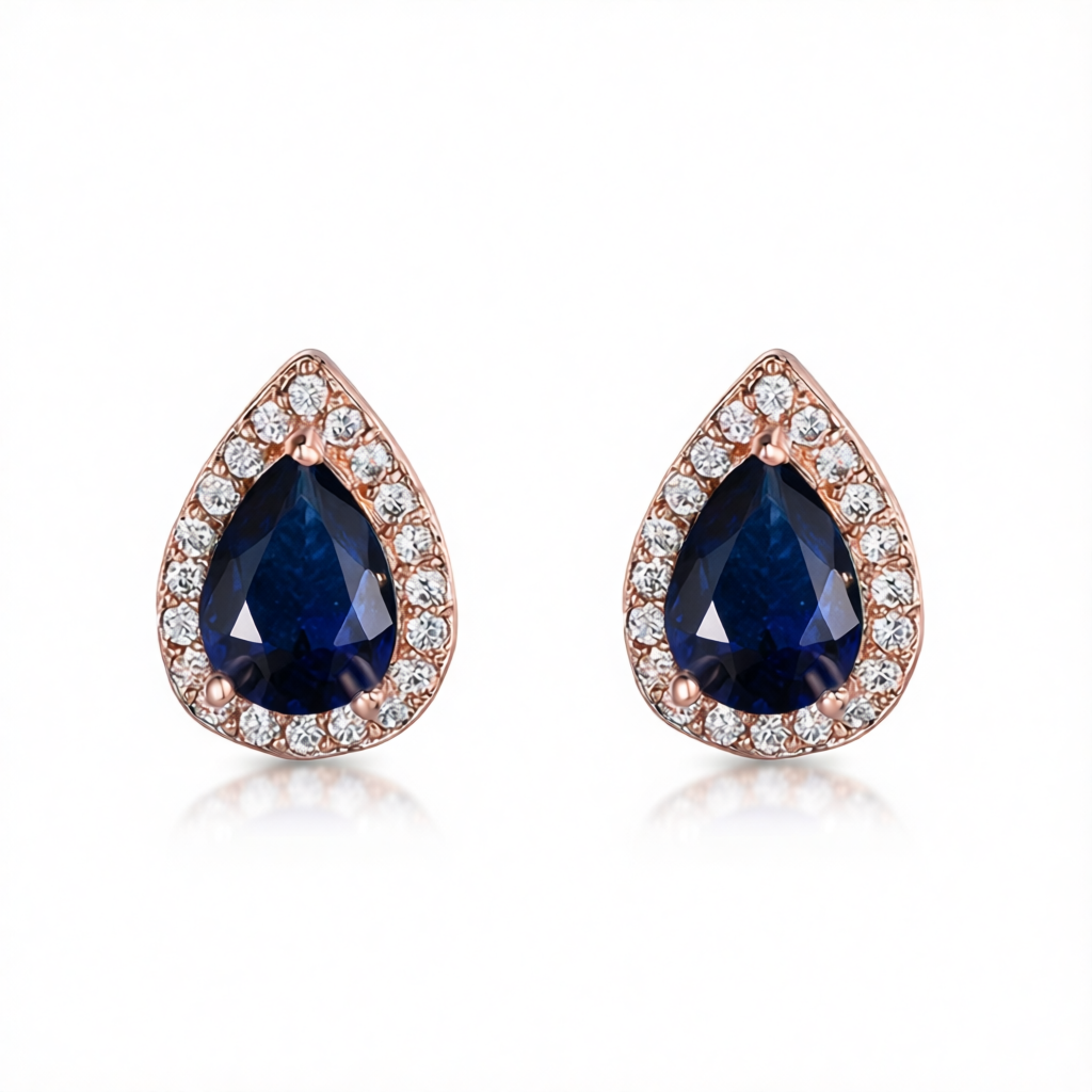 Navy Crystal & Cubic Zirconia 18K Rose Gold-Plated Halo Teardrop Stud Earrings