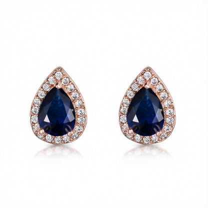 Navy Crystal & Cubic Zirconia 18K Rose Gold-Plated Halo Teardrop Stud Earrings