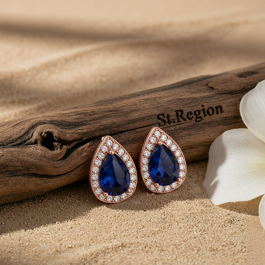 Navy Crystal & Cubic Zirconia 18K Rose Gold-Plated Halo Teardrop Stud Earrings