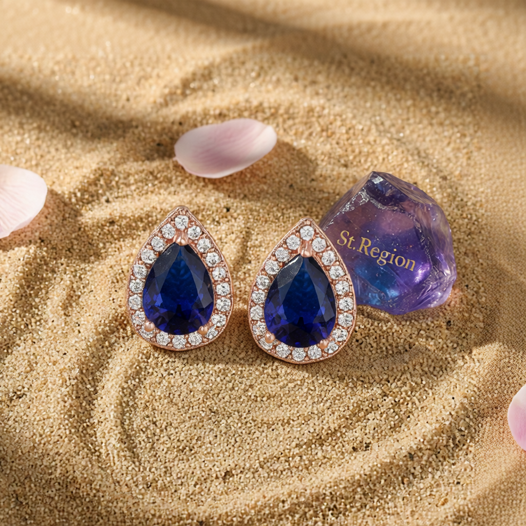 Navy Crystal & Cubic Zirconia 18K Rose Gold-Plated Halo Teardrop Stud Earrings