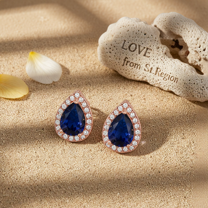 Navy Crystal & Cubic Zirconia 18K Rose Gold-Plated Halo Teardrop Stud Earrings
