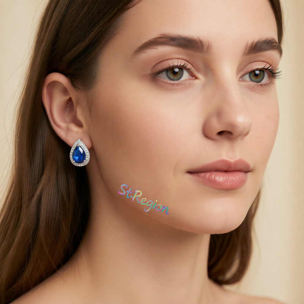 Blue Crystal & Cubic Zirconia Silver-Plated Teardrop Cushion Stud Earrings
