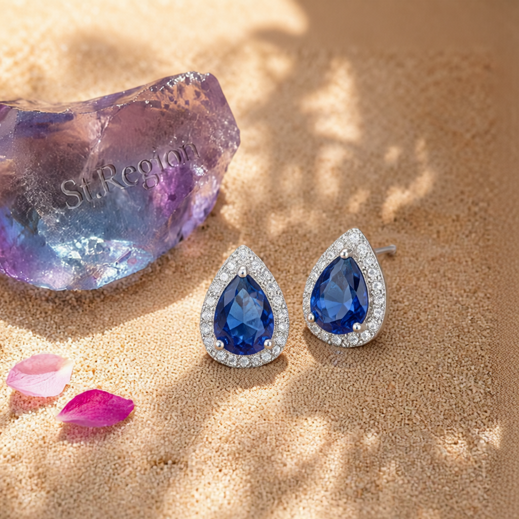 Blue Crystal & Cubic Zirconia Silver-Plated Teardrop Cushion Stud Earrings