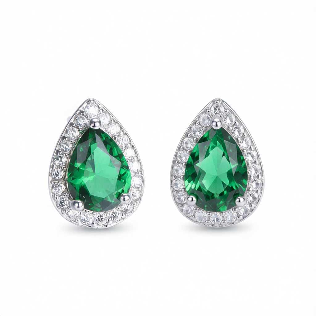 Green Crystal & Cubic Zirconia Silver-Plated Teardrop Cushion Stud Earrings