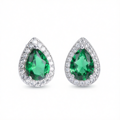 Green Crystal & Cubic Zirconia Silver-Plated Teardrop Cushion Stud Earrings