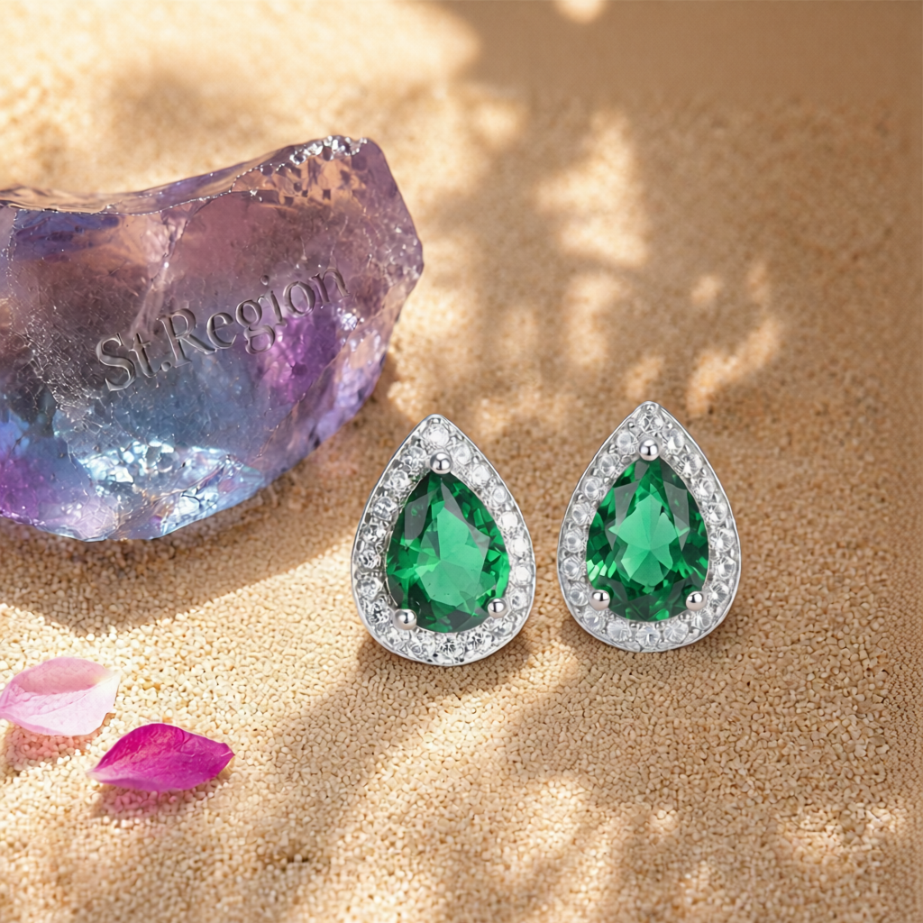 Green Crystal & Cubic Zirconia Silver-Plated Teardrop Cushion Stud Earrings