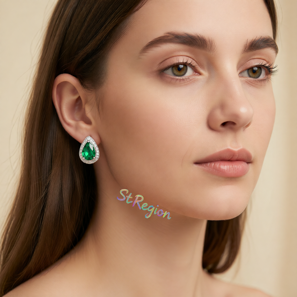Green Crystal & Cubic Zirconia Silver-Plated Teardrop Cushion Stud Earrings