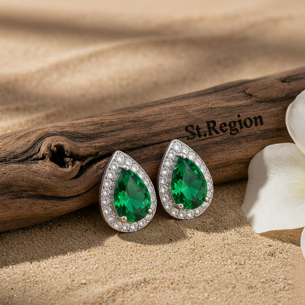 Green Crystal & Cubic Zirconia Silver-Plated Teardrop Cushion Stud Earrings