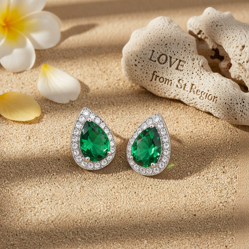 Green Crystal & Cubic Zirconia Silver-Plated Teardrop Cushion Stud Earrings