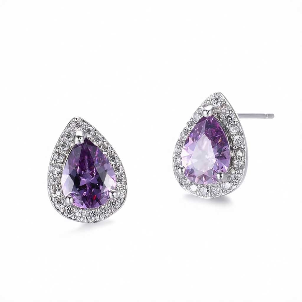 Purple Crystal & Cubic Zirconia Silver-Plated Teardrop Cushion Stud Earrings
