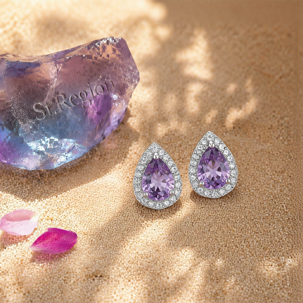 Purple Crystal & Cubic Zirconia Silver-Plated Teardrop Cushion Stud Earrings