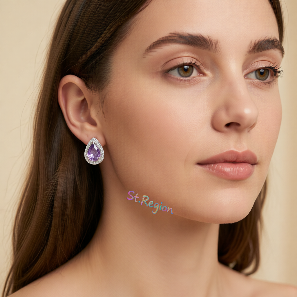 Purple Crystal & Cubic Zirconia Silver-Plated Teardrop Cushion Stud Earrings