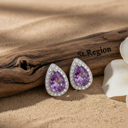 Purple Crystal & Cubic Zirconia Silver-Plated Teardrop Cushion Stud Earrings