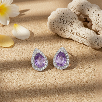 Purple Crystal & Cubic Zirconia Silver-Plated Teardrop Cushion Stud Earrings