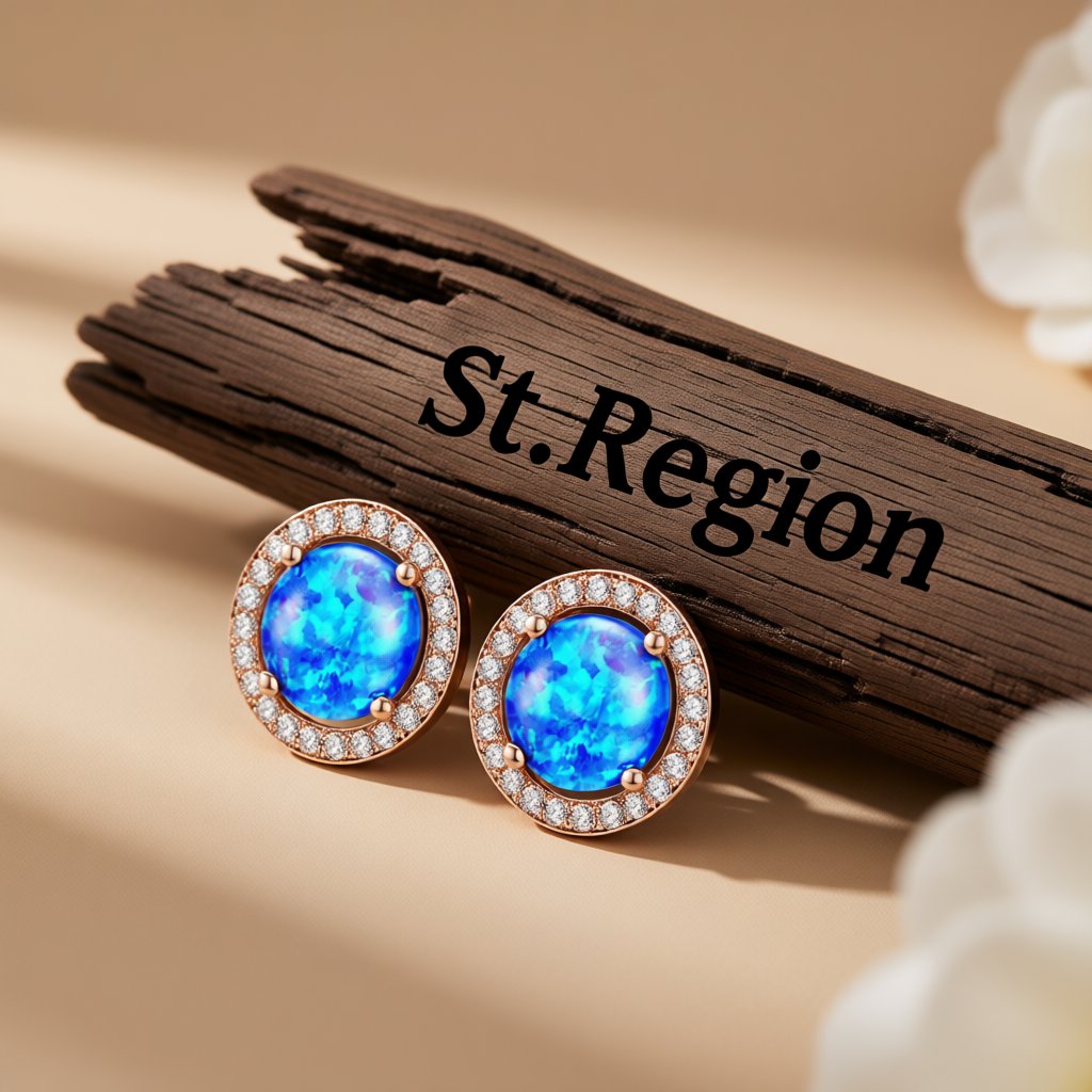 Blue Opal and Cubic Zirconia Round Halo Stud Earrings, stud earrings for women, botanical inspired, front view