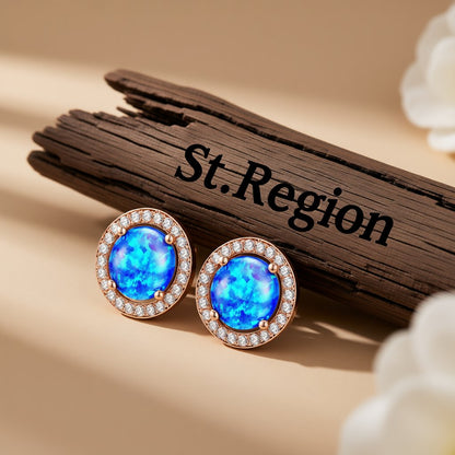 Blue Opal and Cubic Zirconia Round Halo Stud Earrings, stud earrings for women, botanical inspired, front view
