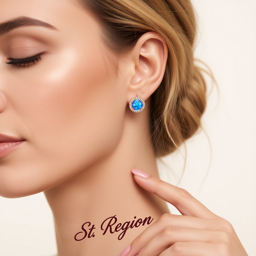 Blue Opal and Cubic Zirconia Round Halo Stud Earrings, stud earrings for women, botanical inspired, styled look