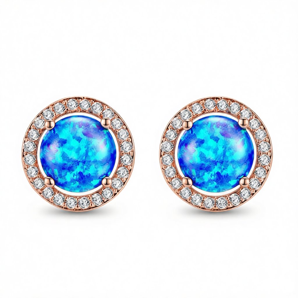 Blue Opal and Cubic Zirconia Round Halo Stud Earrings, stud earrings for women, botanical inspired, side view