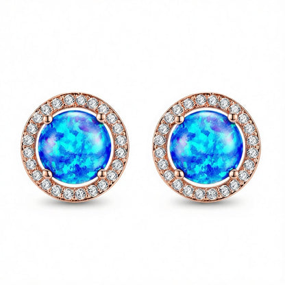 Blue Opal and Cubic Zirconia Round Halo Stud Earrings, stud earrings for women, botanical inspired, side view