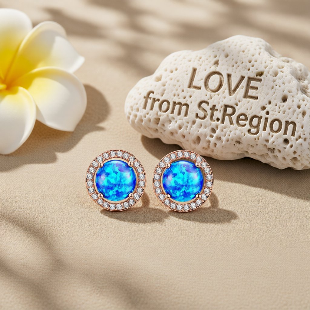 Blue Opal and Cubic Zirconia Round Halo Stud Earrings, stud earrings for women, botanical inspired, lifestyle look
