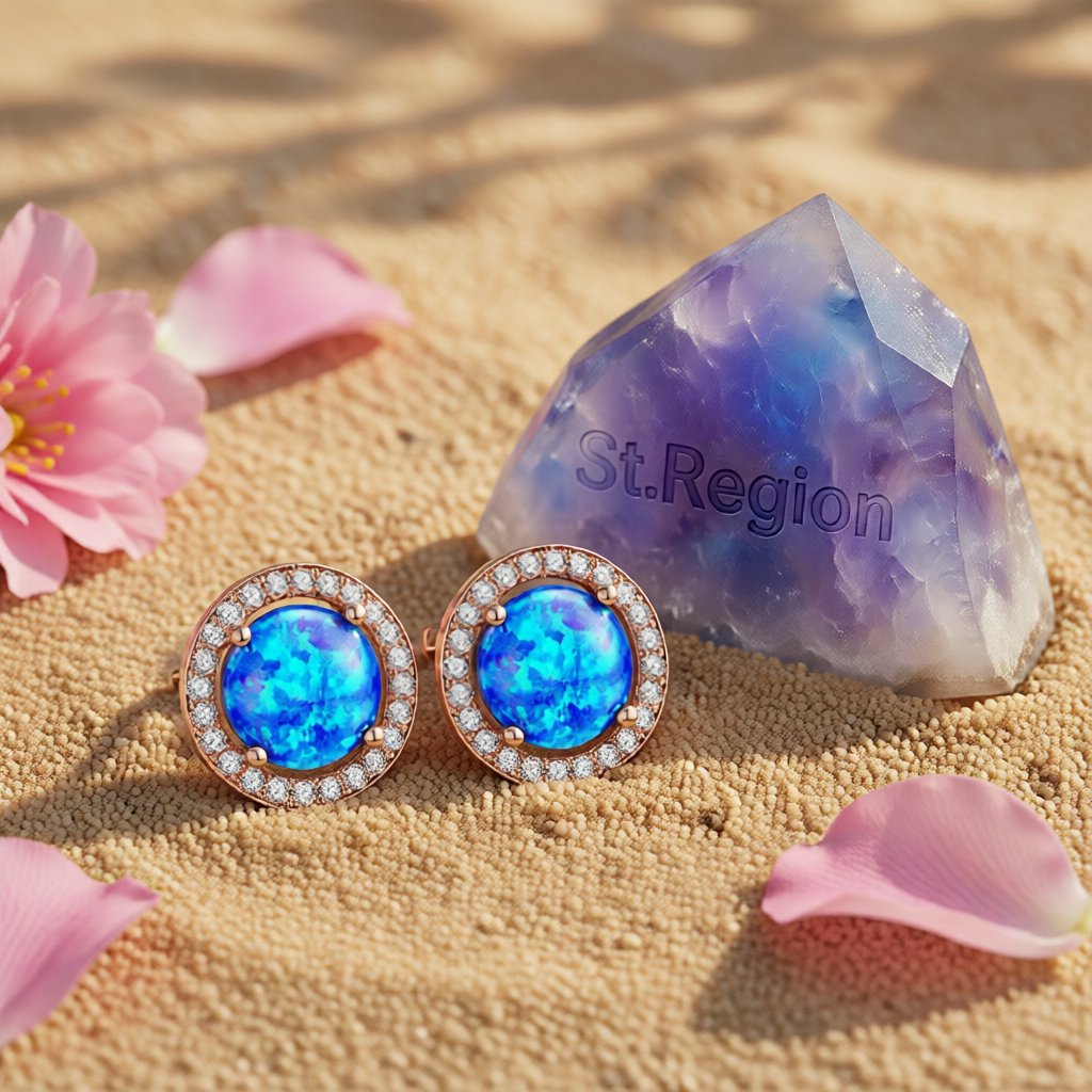 Blue Opal and Cubic Zirconia Round Halo Stud Earrings, stud earrings for women, botanical inspired, detail close-up