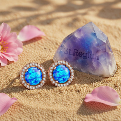 Blue Opal and Cubic Zirconia Round Halo Stud Earrings, stud earrings for women, botanical inspired, detail close-up