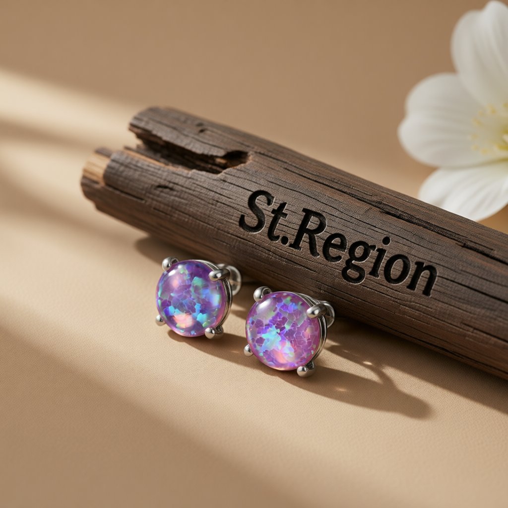 Purple Opal and Silver-Plated Round Stud Earrings, cubic zirconia stud earrings for women, everyday style, front view