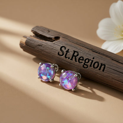 Purple Opal and Silver-Plated Round Stud Earrings, cubic zirconia stud earrings for women, everyday style, front view