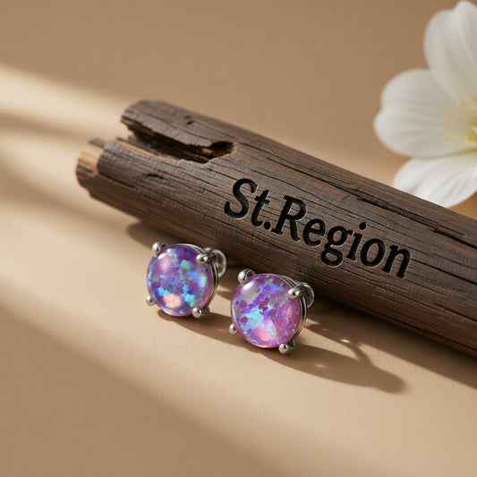 Purple Opal and Silver-Plated Round Stud Earrings, cubic zirconia stud earrings for women, everyday style, front view
