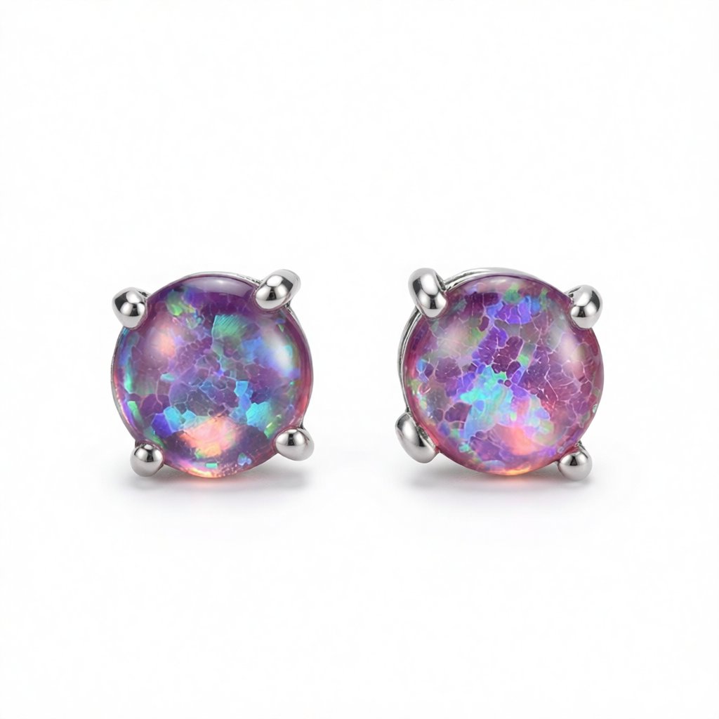 Purple Opal and Silver-Plated Round Stud Earrings, cubic zirconia stud earrings for women, everyday style, side view