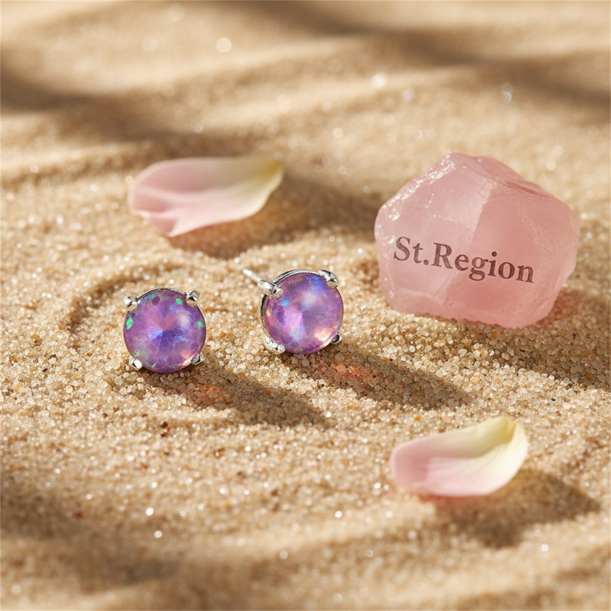Purple Opal and Silver-Plated Round Stud Earrings, cubic zirconia stud earrings for women, everyday style, detail close-up