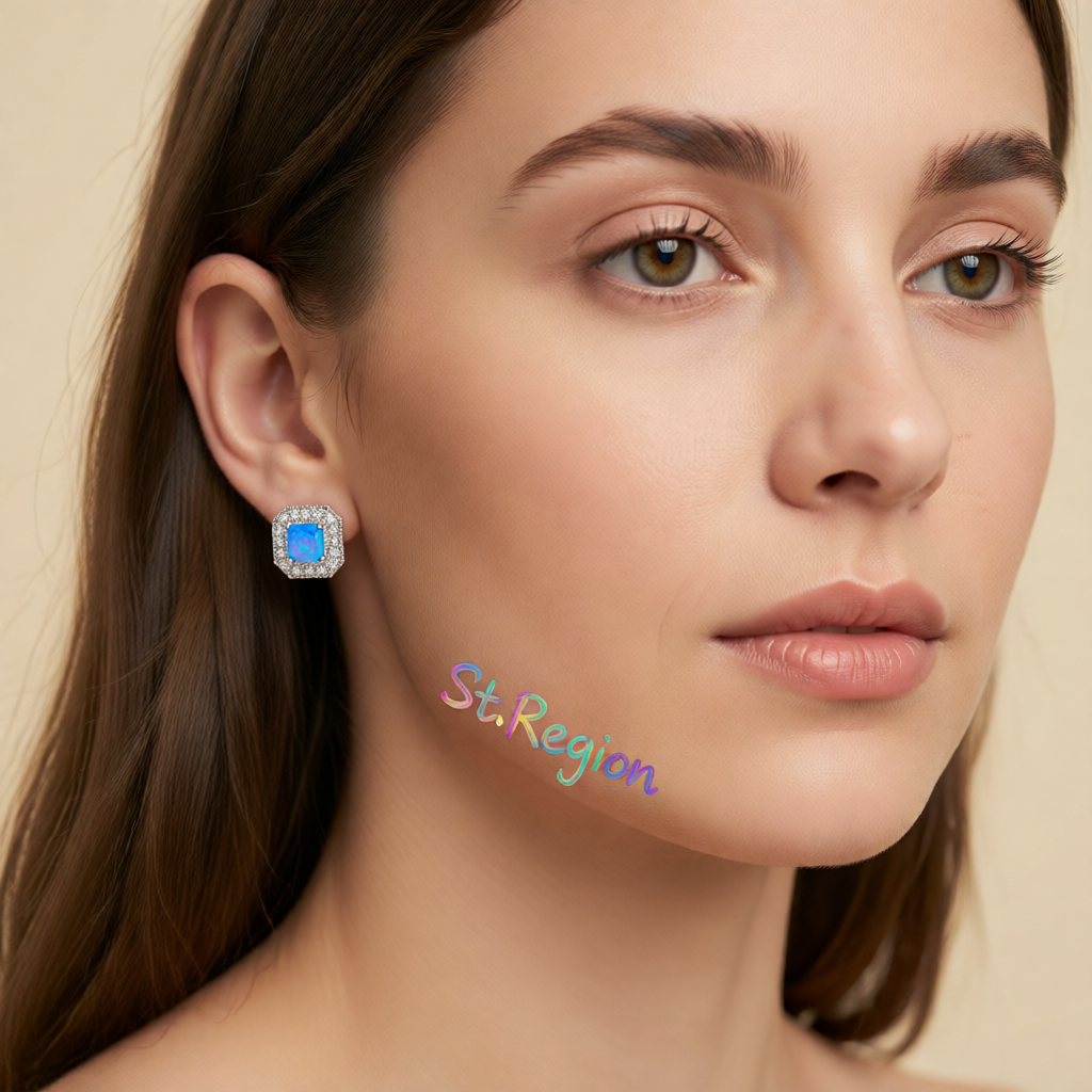 Blue Opal Princess-Cut Halo Stud Earrings