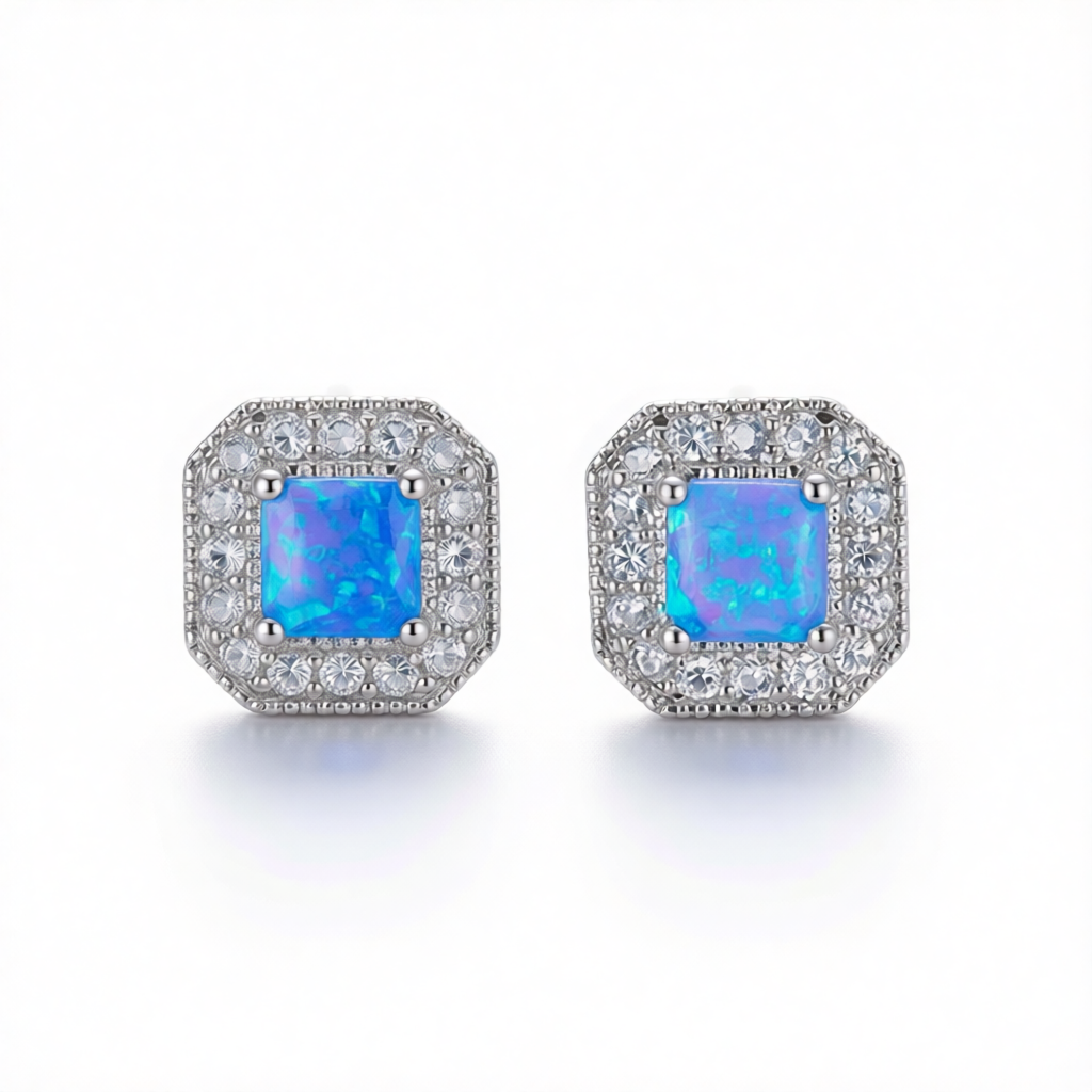 Blue Opal Princess-Cut Halo Stud Earrings