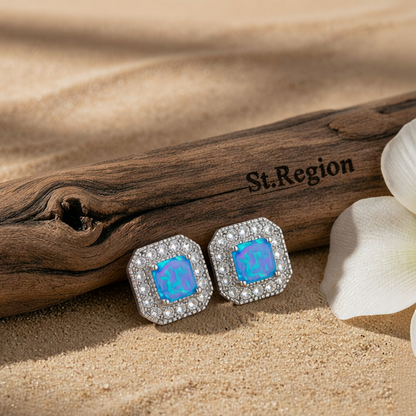 Blue Opal Princess-Cut Halo Stud Earrings