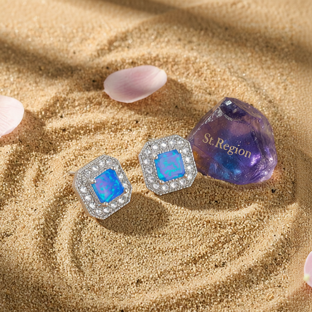 Blue Opal Princess-Cut Halo Stud Earrings