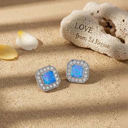 Blue Opal Princess-Cut Halo Stud Earrings