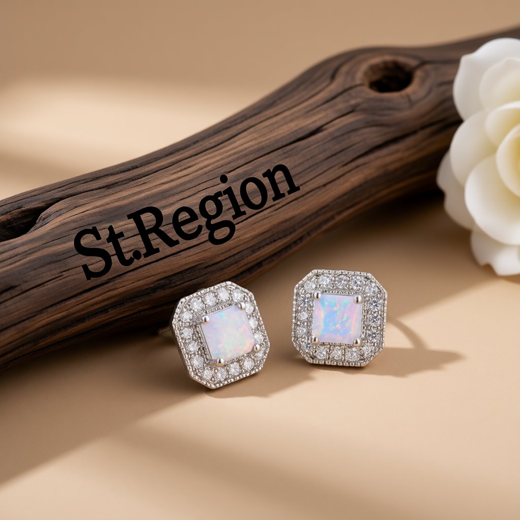 White Opal Princess-Cut Halo Stud Earrings, cubic zirconia stud earrings for women, vintage-inspired design, front view