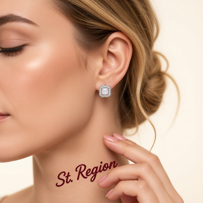 White Opal Princess-Cut Halo Stud Earrings, cubic zirconia stud earrings for women, vintage-inspired design, styled look